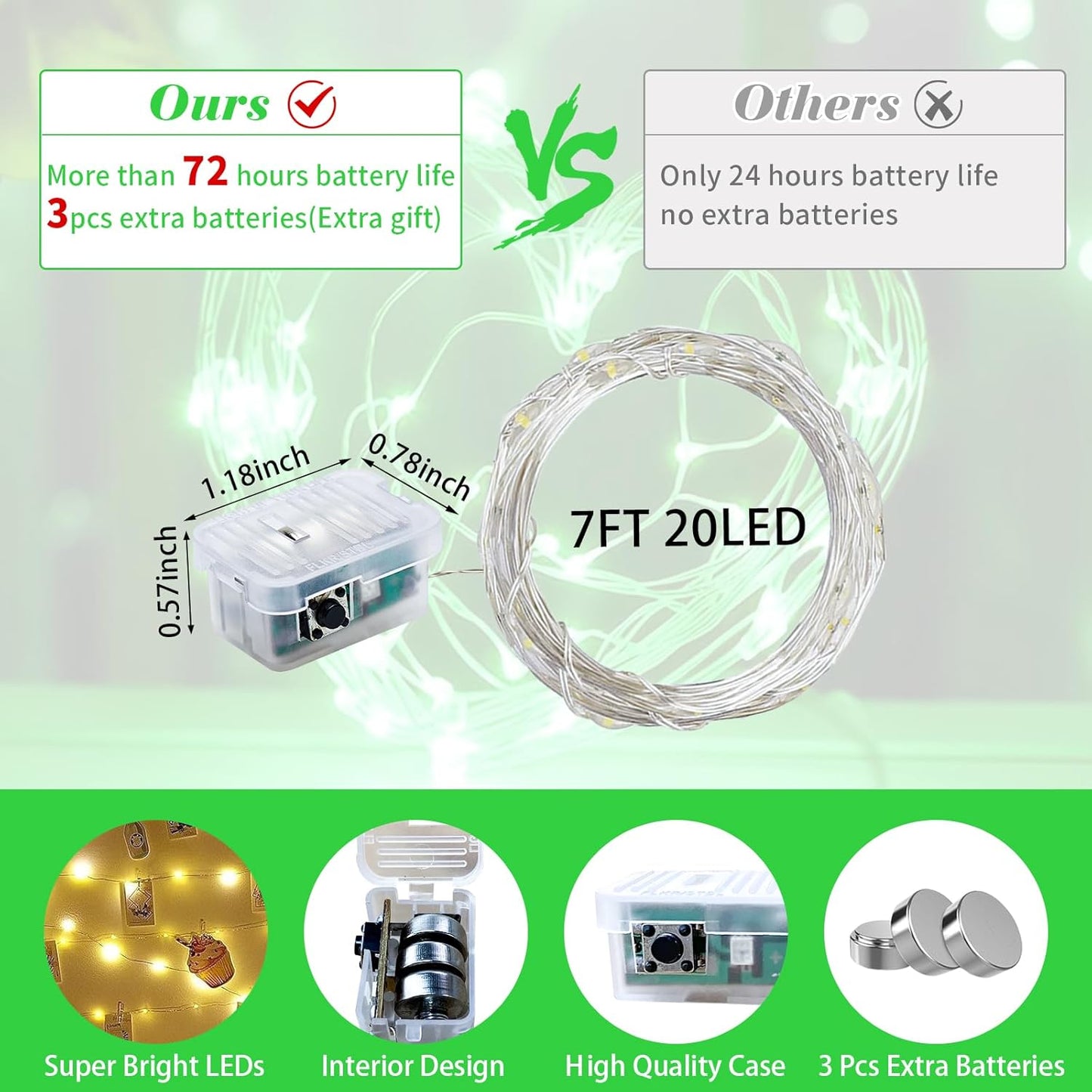 50 Pack Green Fairy Lights 7Ft 20 LED Twinkle String Lights 3 Modes Battery Operated Waterproof Firefly Starry for Mason Jar Party Wedding Christmas Valentines Day Table Centerpieces