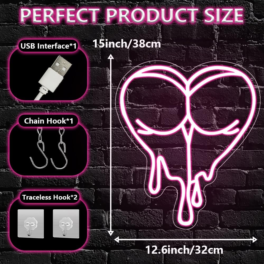 Pink Peach Neon Sign,Lady LED Light Sign for Backdrop,Melting Heart Wall Art Decor for Bar Pub Store Bedroom Club Party Man Cave,Gift for Men Women USB Powered（15"*12.6"）