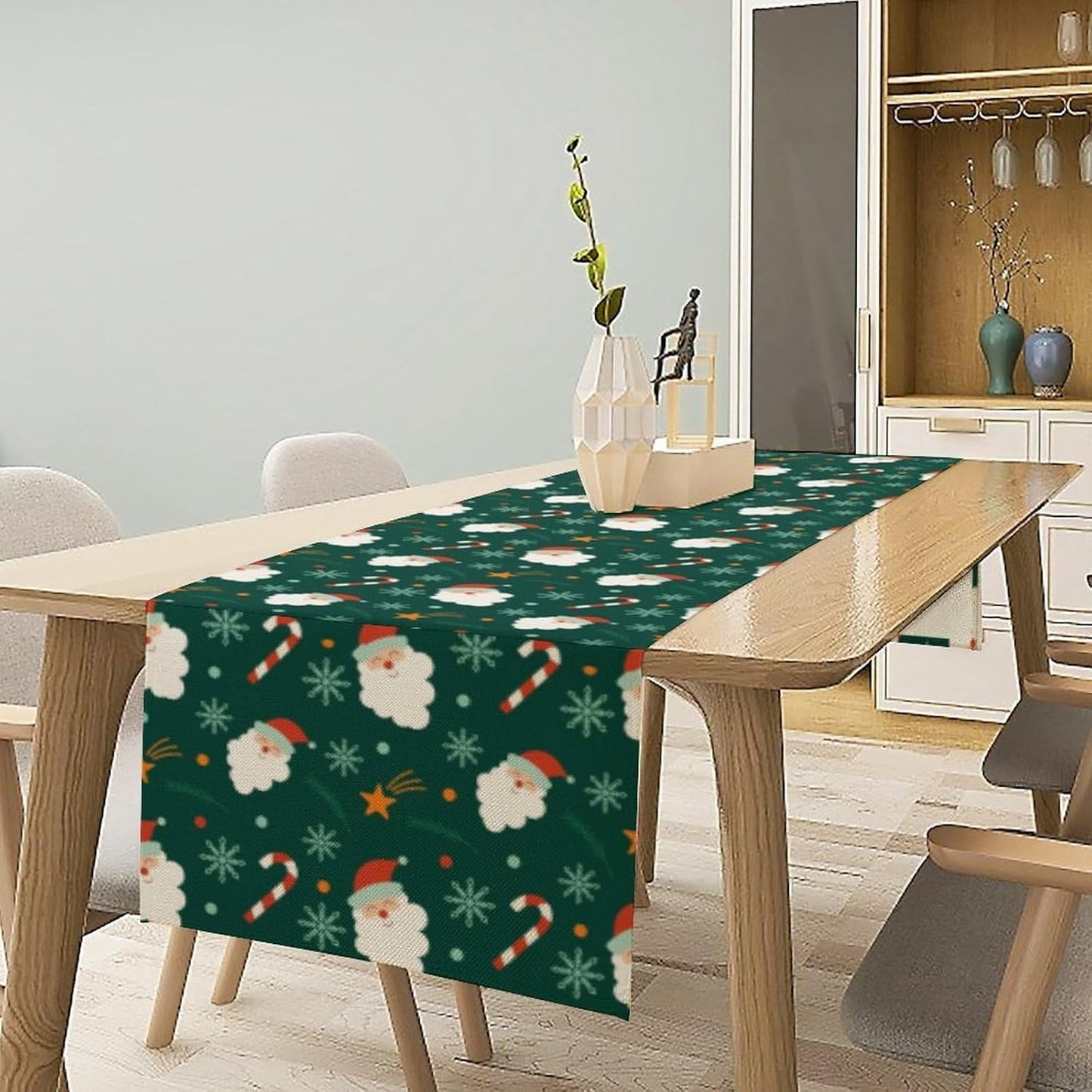 Christmas Table Runner,Seasonal Winter Xmas Holiday Green Table Cloth Kitchen Dining Table Decoration for Home Party Decor 13x60 Inch
