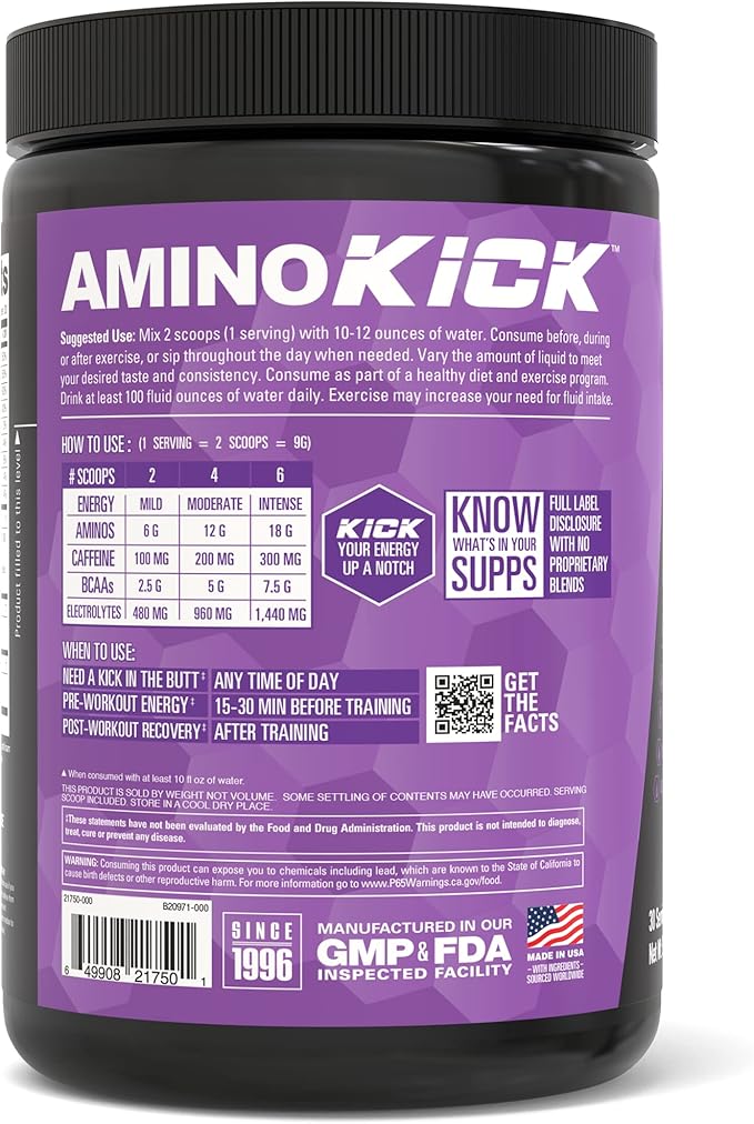 NutraBio Amino Kick – BCAA Powder with Natural Caffeine – Amino Acids Supplement for Energy, Hydration & Recovery – BCAAs, Electrolytes & Amino Acids – Grape Berry Crush, 30 Servings