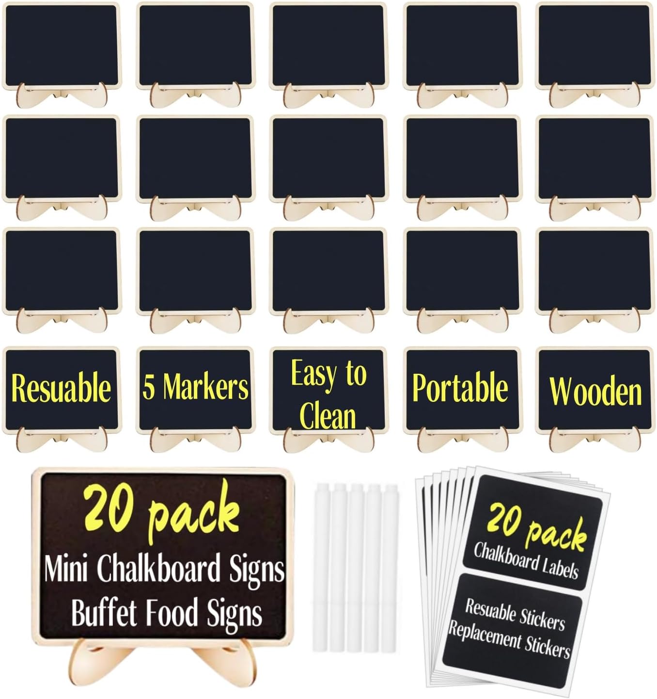 20 Pack Mini Chalkboard Signs with Easel Stand, Reusable Wooden Food Labels for Party Buffet, Blackboard Labels for Wedding, Table Numbers, Name Tags Place Cards (5 Markers and 20 Stickers Included)