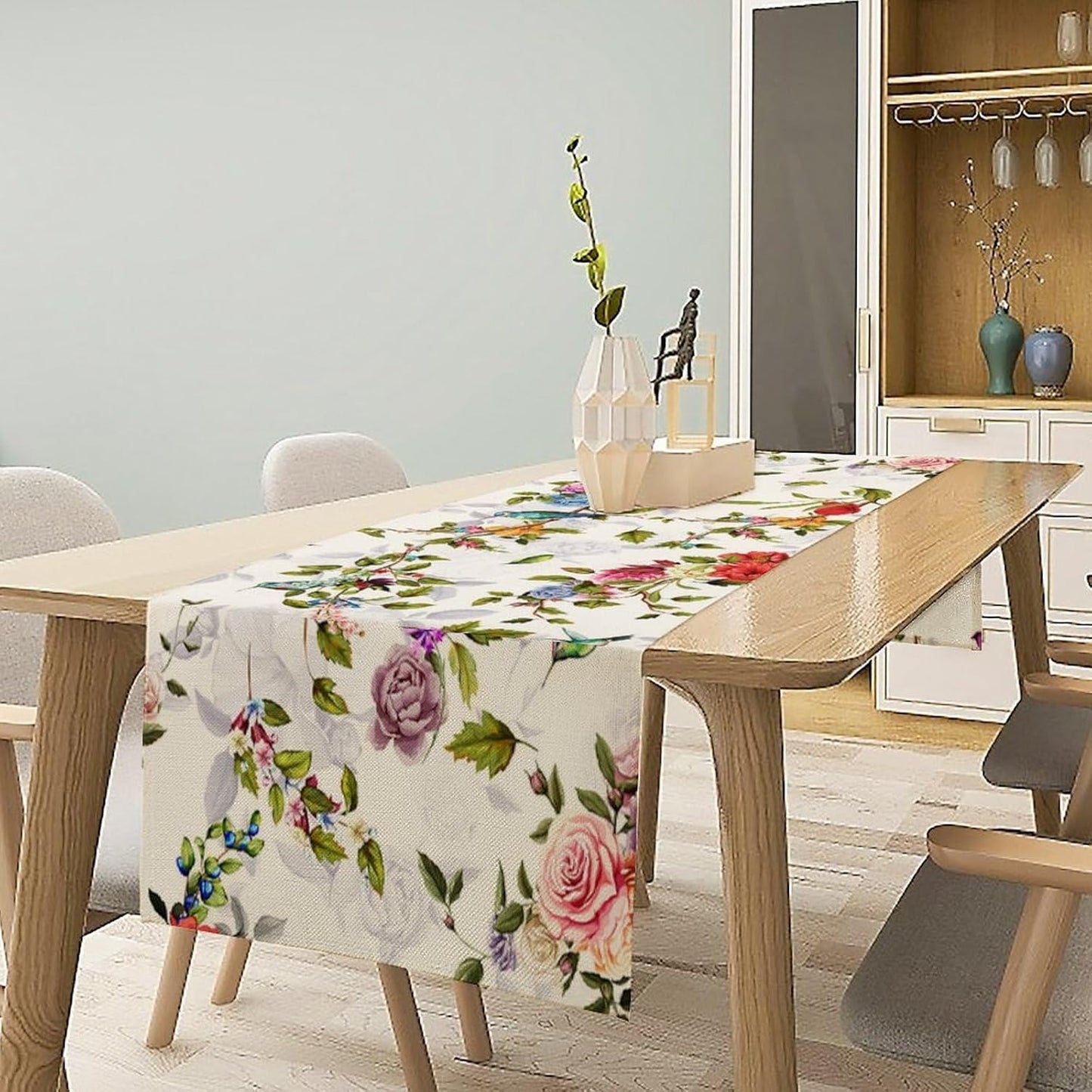 Vintage Bird Flower Table Runner Seasonal Spring Summer Garden Plants Farmhouse Country Kitchen Dinner Runner Dining Table Decoration for Home Party Holiday 13"x60"