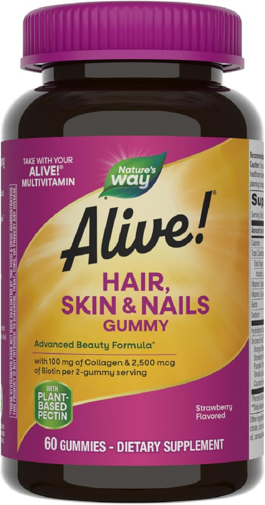 Nature's Way Alive! Hair, Skin & Nails Gummies, Advanced Beauty Formula*, with Biotin and Collagen, Strawberry Flavored, 60 Gummies (Packaging May Vary)