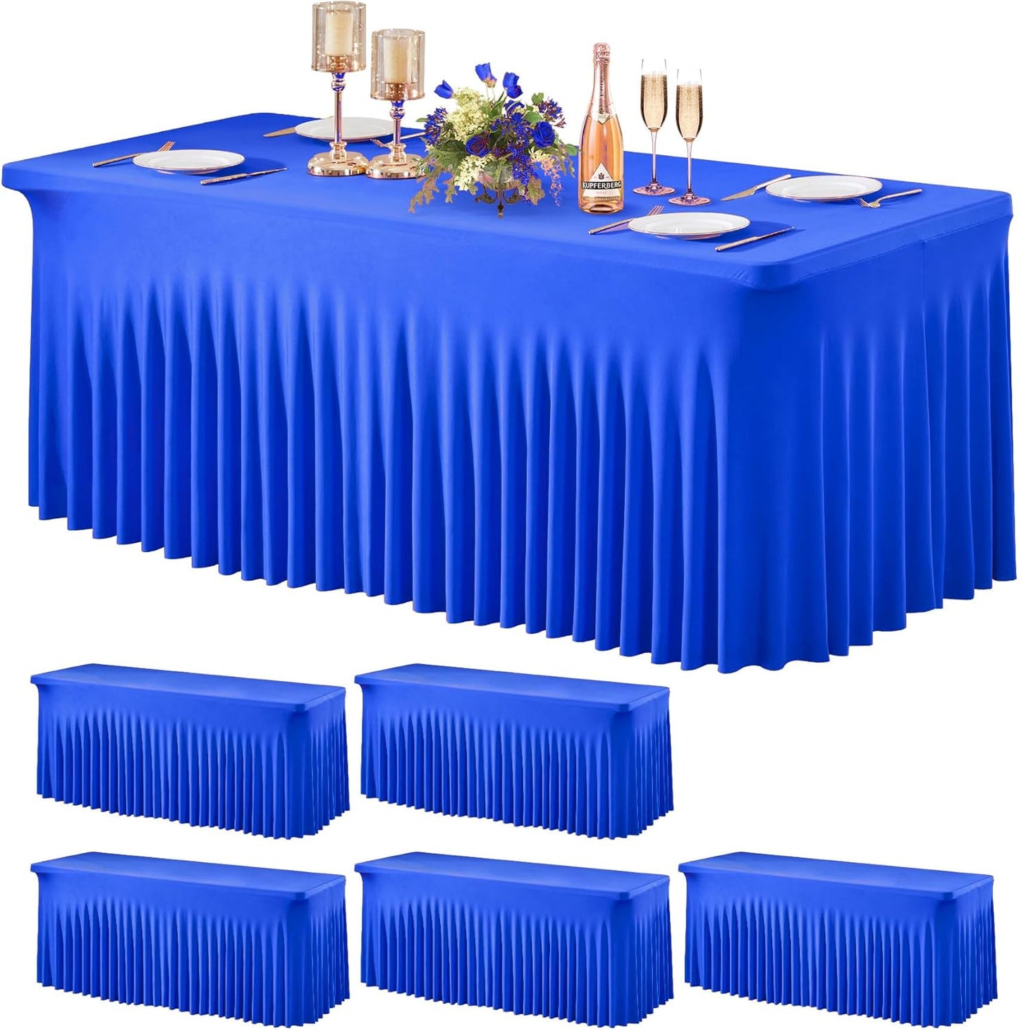 Wish Care 6 Pack Royal Blue Spandex Table Clothes for 6 Foot Rectangle Tables, 6FT Wrinkle Free Fitted Tablecloths Ruffles Design Table Cloth for Party, Banquet, Wedding and Events