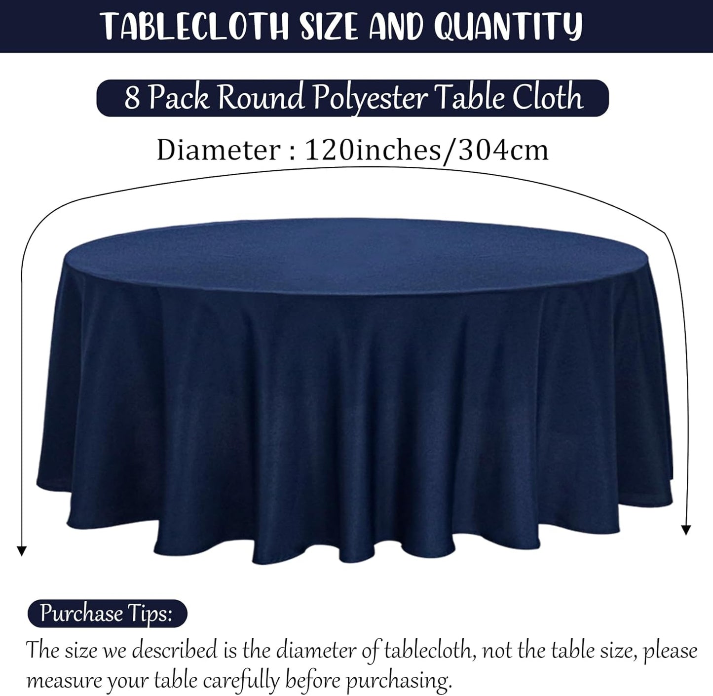 8 Pack Premium Round Tablecloth 120 Inch Round Table Covers Washable Polyester Fabric Round Table Clothes for Wedding Party Reception Banquet Buffet Restaurant (Navy Blue, 120 Inch)
