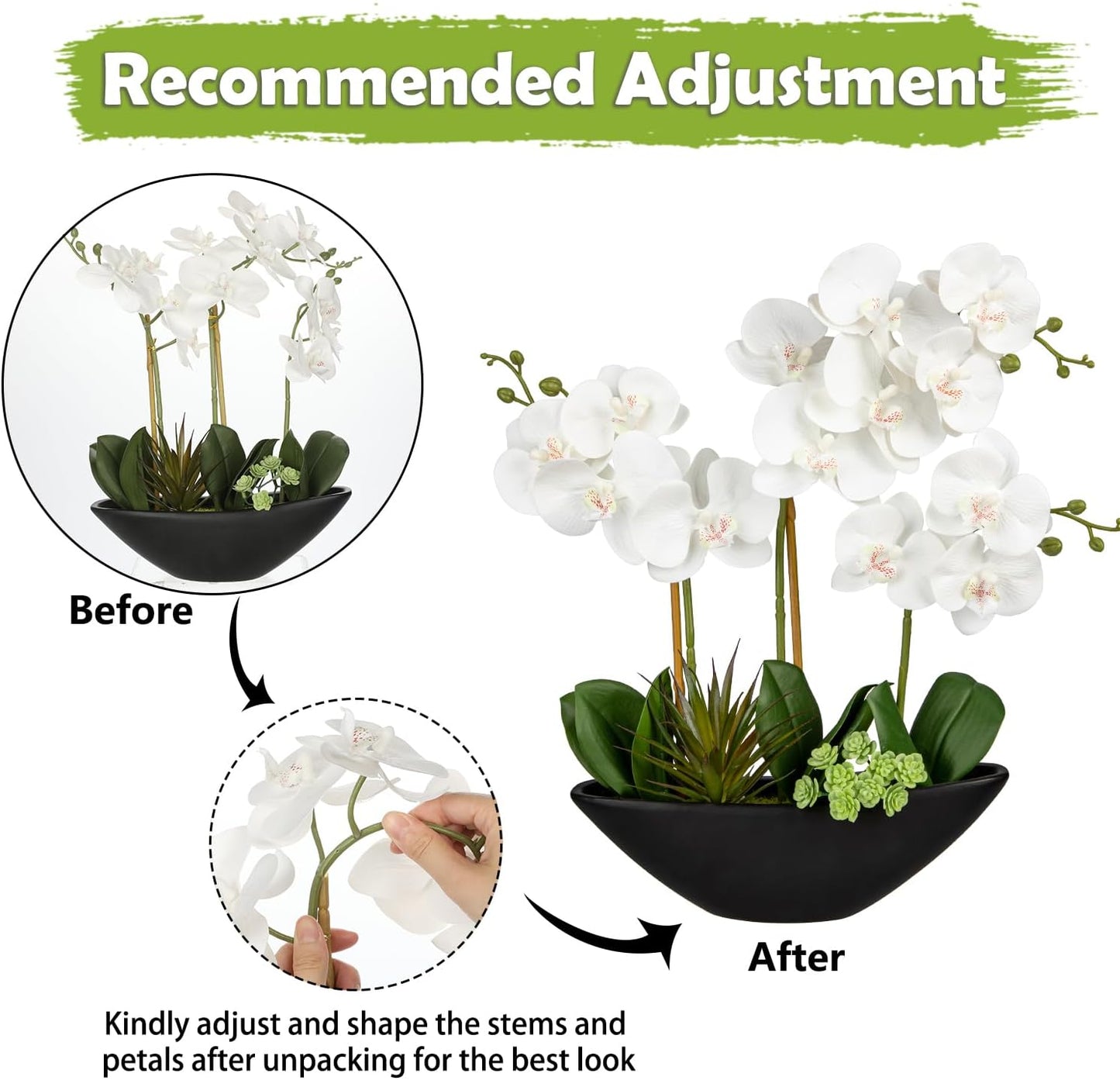 Briful Orchid Fake Flowers 17in White Artificial Orchid Silk Flowers in Black Pot Faux Orchid Arrangement for Home Office Bathroom Dining Table Modern Decoration