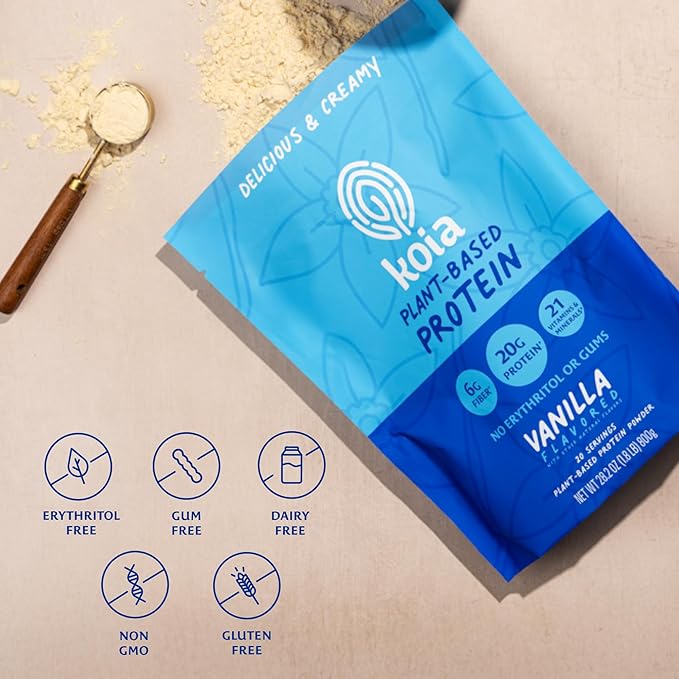 Koia Plant Based Protein Powder, Vanilla, 20g Protein, 3g Sugar, 6g Prebiotic Fiber, Pre & Post Workout, 21 Vitamins & Minerals, No Seed Oils, Dairy-Free, Gluten-Free, Non-GMO, 20 Servings, 28.2 Oz