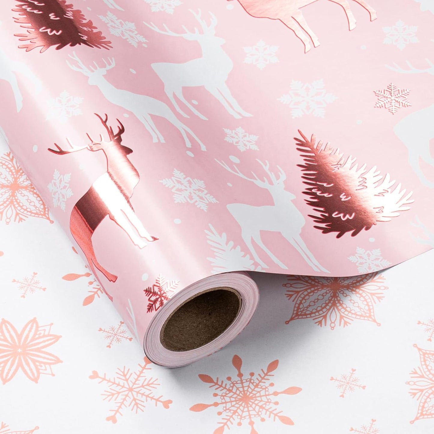 LeZakaa Christmas Pink Wrapping Paper Mini Roll, Reindeer & Snowflake, Metallic Foil, Rose Gold Foil Reversible Design for Festive Winter Holiday, Family Gathering, 17 inches x 32.8 Feet