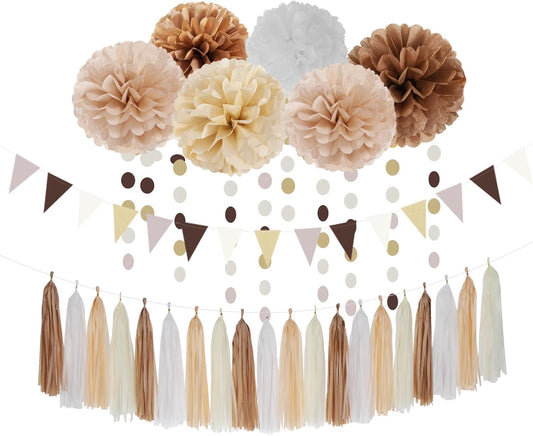 Boho Baby-Shower White-Brown Champagne Party-Decorations - 28pcs Neutral Birthday Wedding Bridal Tissue Pom Poms Streamers, Fall Autumn Tassel Garland Banner, Engagement Christmas Decor Ouruola