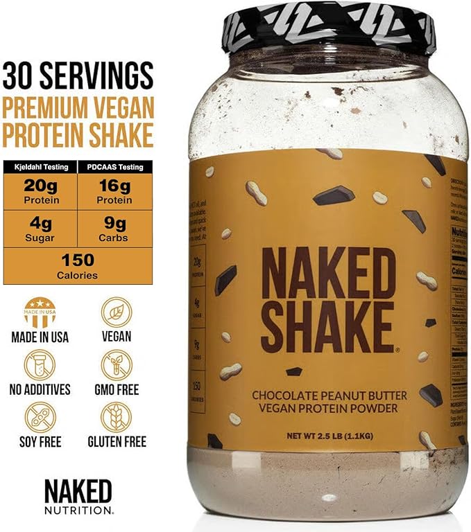 NAKED Shake - Chocolate Peanut Butter Protein Powder - Vegan Protein Powder from US & Canadian Farms with MCT Oil, Gluten-Free, Soy-Free, No GMOs or Artificial Sweeteners - 30 Servings