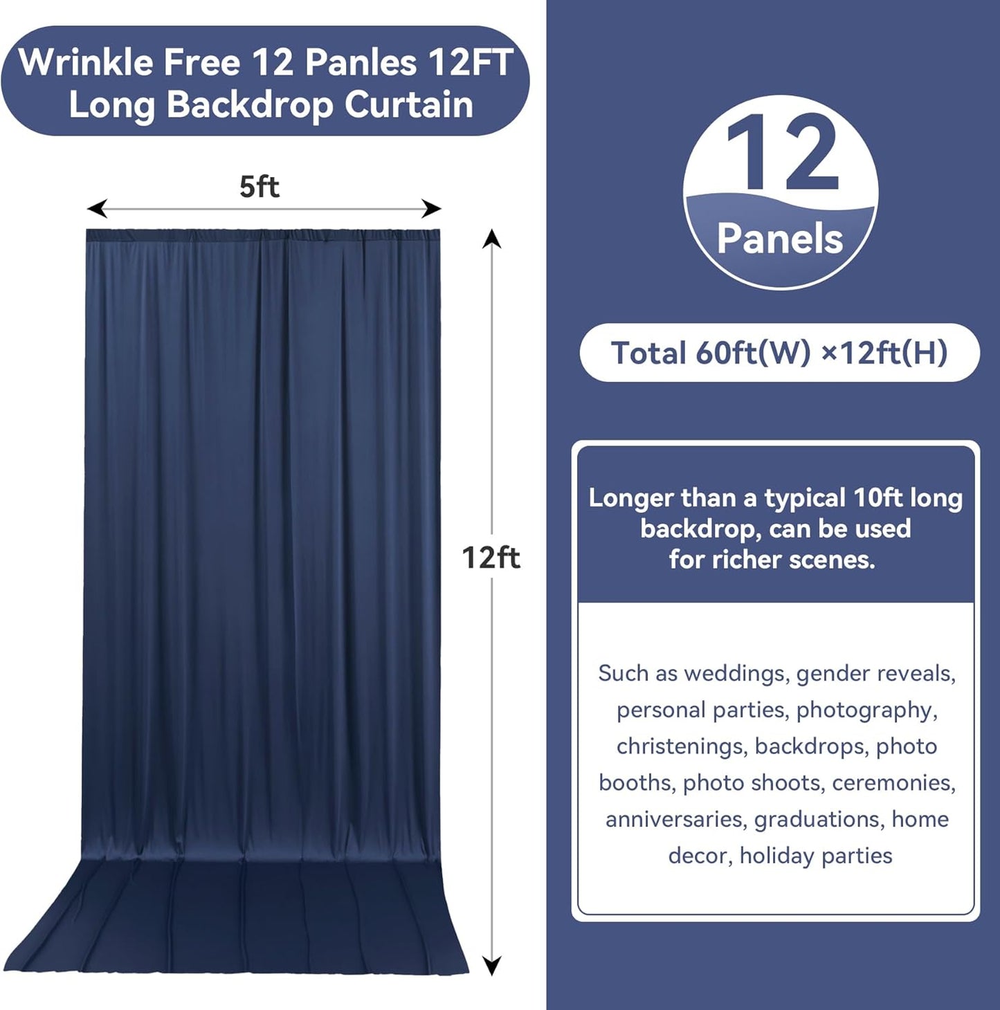 60ftx12ft Wrinkle Free Navy Blue Backdrop Curtain, 12 Panels 12FT Height Navy Blue Wedding Backdrop Drapes, Silky Polyester Back Drop Cloth for Birthday Photography Background Party Backdrop Draping