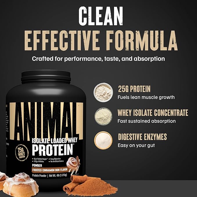 Animal Whey Isolate Protein Powder - Loaded for Pre & Post Workout Muscle Builder and Recovery with Digestive Enzymes for Men & Women - 25g Protein, Great Taste, Low Sugar - Frosted Cinnamon Bun 4 lbs