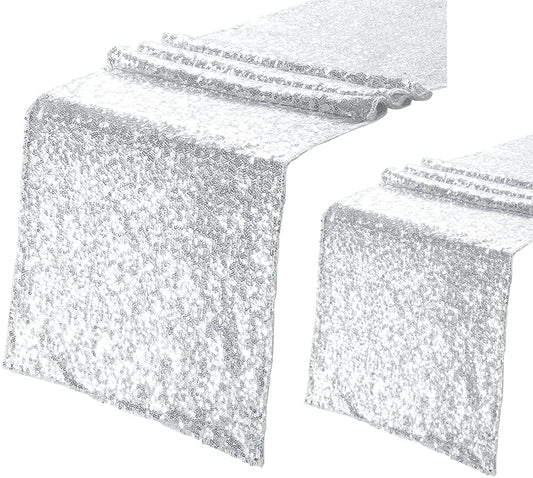 Eternal Beauty Silver Table Runner, 2PCS-12X72 Sequin Table Runner Decorations for Birthday Parties, Banquets, Graduations,Christmas