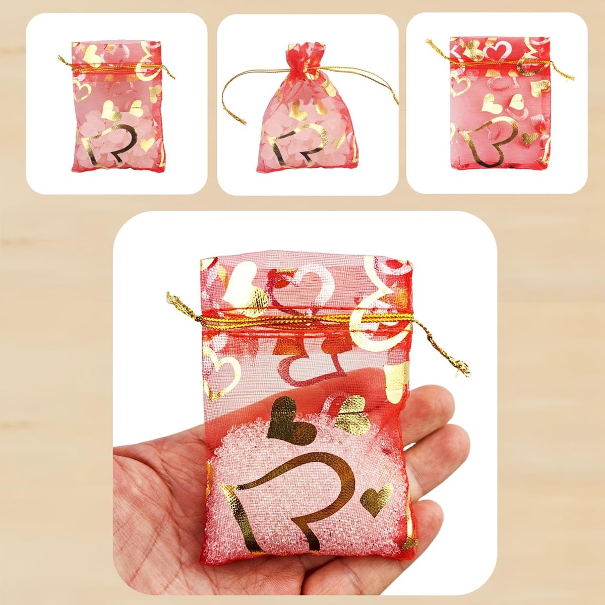 100 Pack 2.8 x 3.5 Inch Flower Heart Organza Jewelry Gift Pouch Candy Pouch Drawstring Wedding Favor Bags B511S (red gold heart)