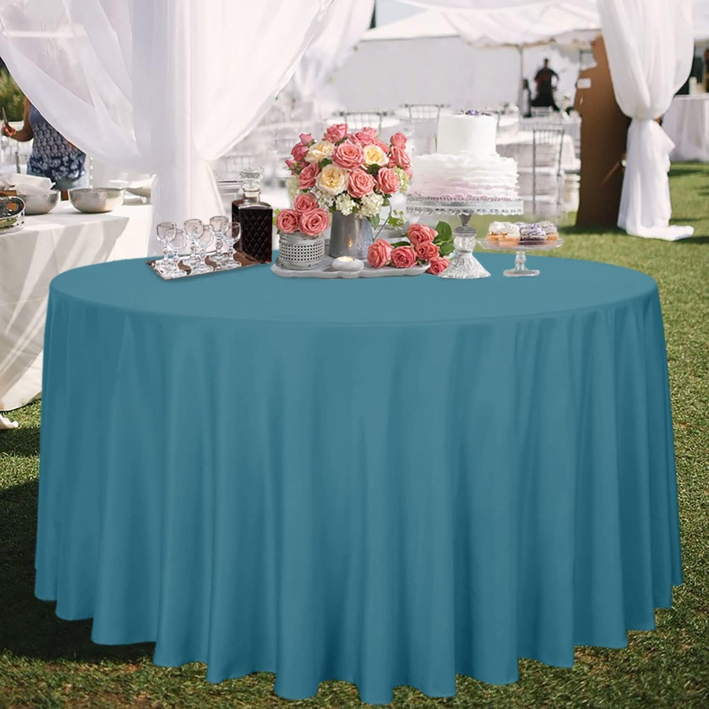 sancua Round Tablecloth - 120 Inch - Water Resistant Spill Proof Washable Polyester Table Cloth Decorative Fabric Table Cover for Dining Tables, Buffet Parties and Camping, Teal