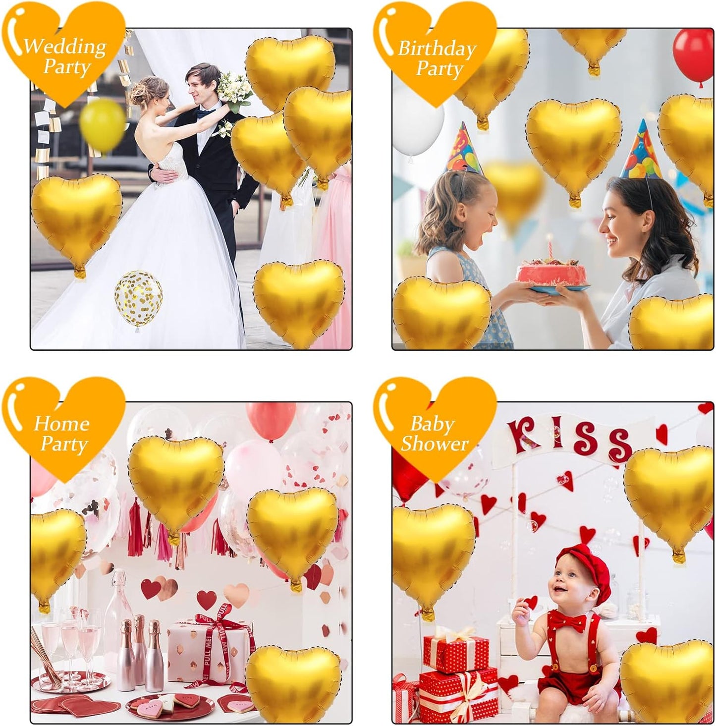 Foil Heart Balloons Gold - 10PCS Heart Shaped, 18inch Metallic Love Foil Balloons for Helium, Golden Wedding, Valentine's Day, Birthday Party, Anniversary