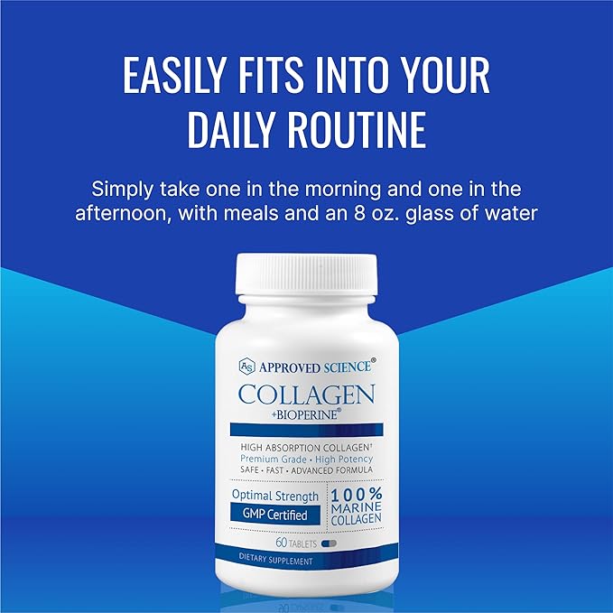 Approved Science Collagen Pills - Absorbable Marine Collagen Types I and III - 180 Tablets - Healthy Hair and Skin - Vitamin C, Sodium, and Bioperine for Fast Results - Non-GMO, Made in USA