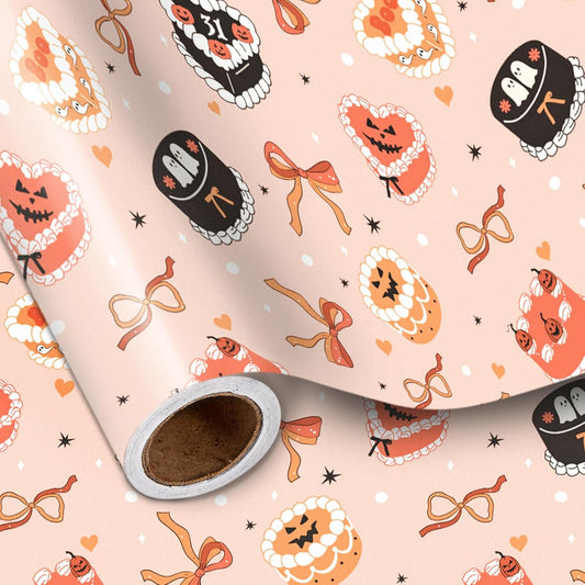 LeZakaa Halloween Cake Wrapping Paper Roll, Cute Halloween Cakes with Ghosts Pumpkins Bows Design, for Trick-or-Treat Party, Girls Women Bakers, Mini Roll 17 in x 16.4 Ft