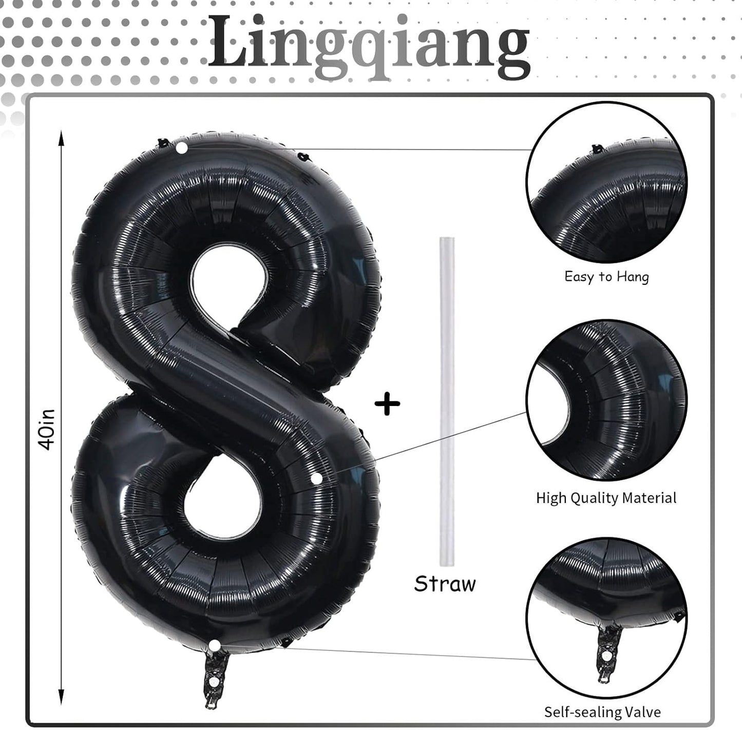 Black Number 8 Balloons, 40 Inch 8th Birthday Foil Balloon for Boys Girls, Giant Self Inflating Helium Mylar Foil Number Balloons 0-9 for Women Men 18th 80th Anniversary Party Decorations Supplies