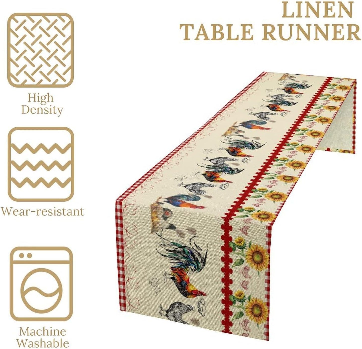Rustic Rooster Table Runner,Vintage Country Farm Sunflower Chicken Red Plaid Print Tablecloth Burlap for Hotel Indoors Outdoor Dining Room Kitchen Home Decor,W13X L80 in