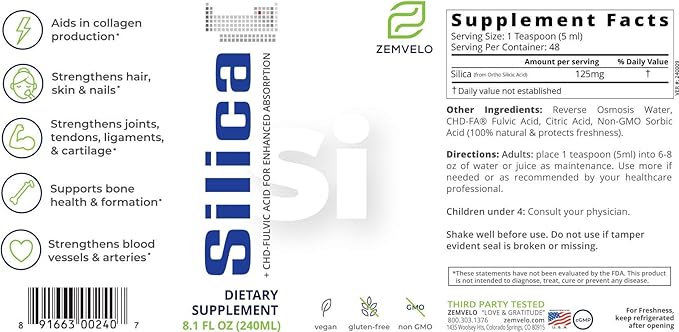 Liquid Ionic Silica - Hair, Skin & Nails Nutrition | Collagen Support | Joint Support for Health Tendons & Cartilage | 8 oz, 48 Day Supply
