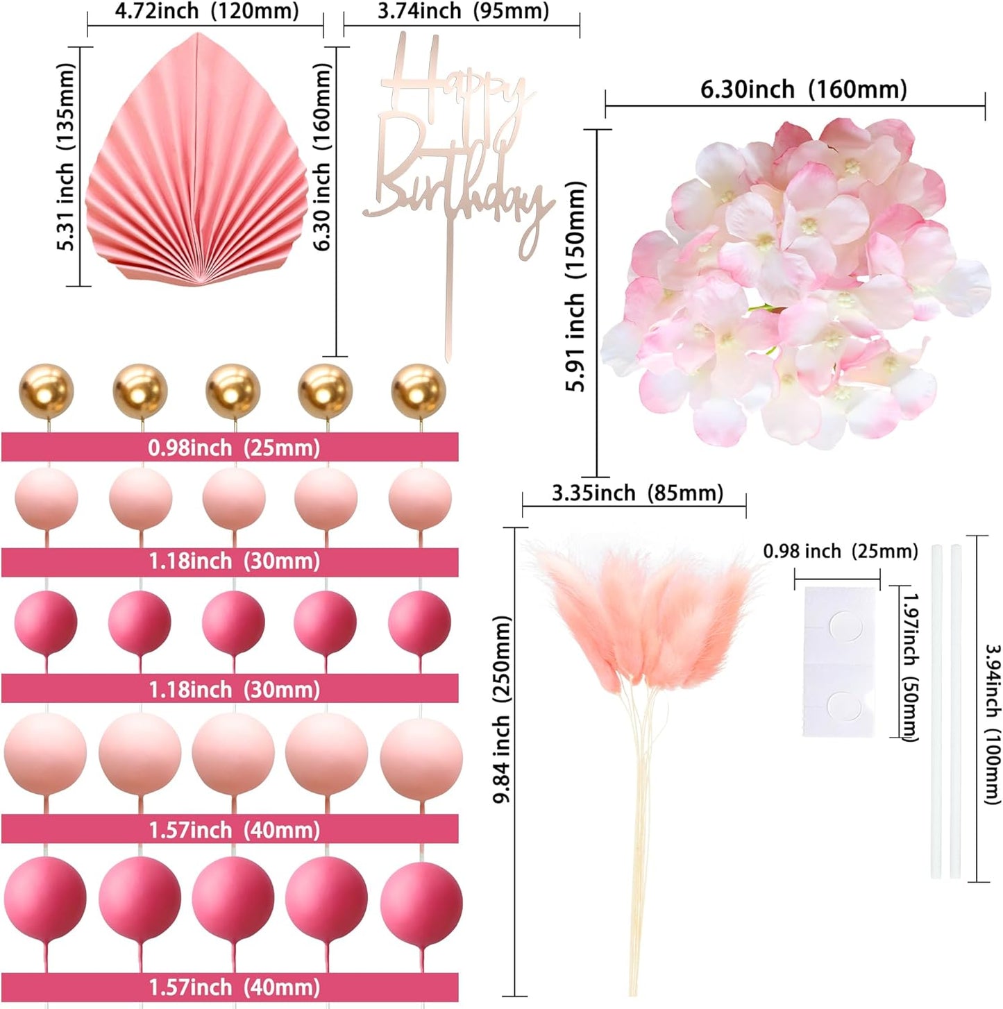 Gyufise 29Pcs Rose Red Artificial Flower Cake Decorations Acrylic Happy Birthday Cake Topper Balloon Cake Toppers Palm Fan Cake Picks for DIY Wedding Birthday Valentine's Day Party Supplies