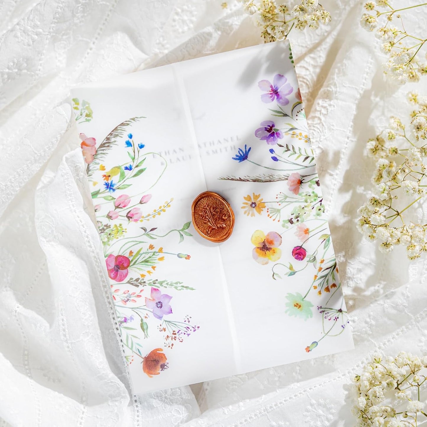 50 Pack Pre-Folded Vellum Jackets for 5x7 Invitations,AZAZA Pretty Translucent Invitation Sleeves,115GSM Vellum Jackets 5x7, Wedding Invitation Accessories,for Weddings Birthdays,Wildflowers