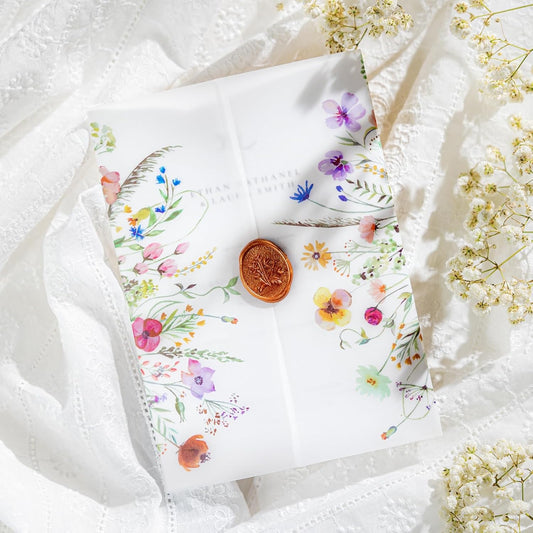 50 Pack Pre-Folded Vellum Jackets for 5x7 Invitations,AZAZA Pretty Translucent Invitation Sleeves,115GSM Vellum Jackets 5x7, Wedding Invitation Accessories,for Weddings Birthdays,Wildflowers