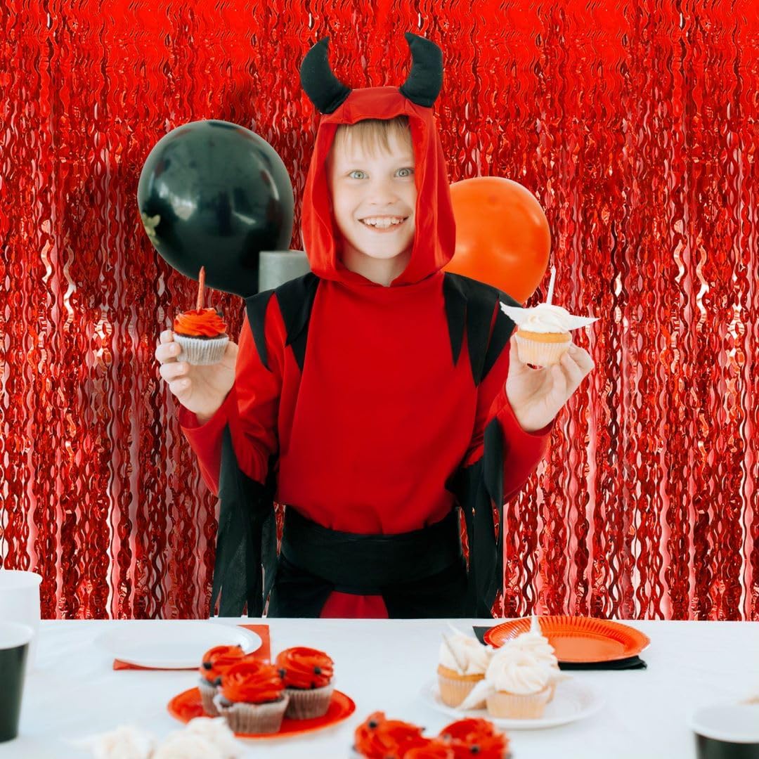 Red Streamers Wave Foil Fringe Backdrop Curtains Red Party Decorations for Graduation 2025, Birthday, Cherry Themed Party, Valentines Day, 4th of July, Anniversary Celebration, Christmas, Wedding