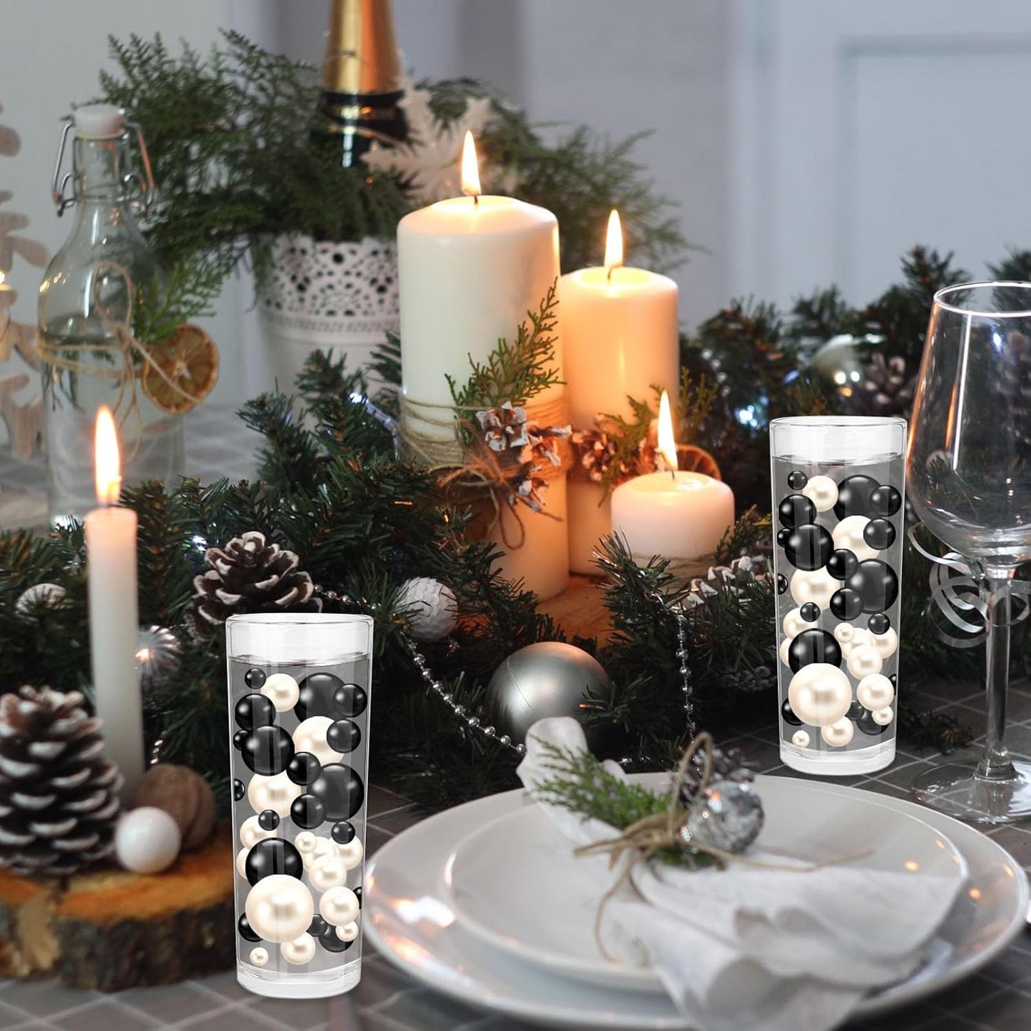 100PCS Black White Faux Pearls Beads for Centerpiece Vases, Vase Filler Faux Pearls, No Holes Filler Beads for Party Anniversary Birthday Wedding Table Decor, 14/20/30mm