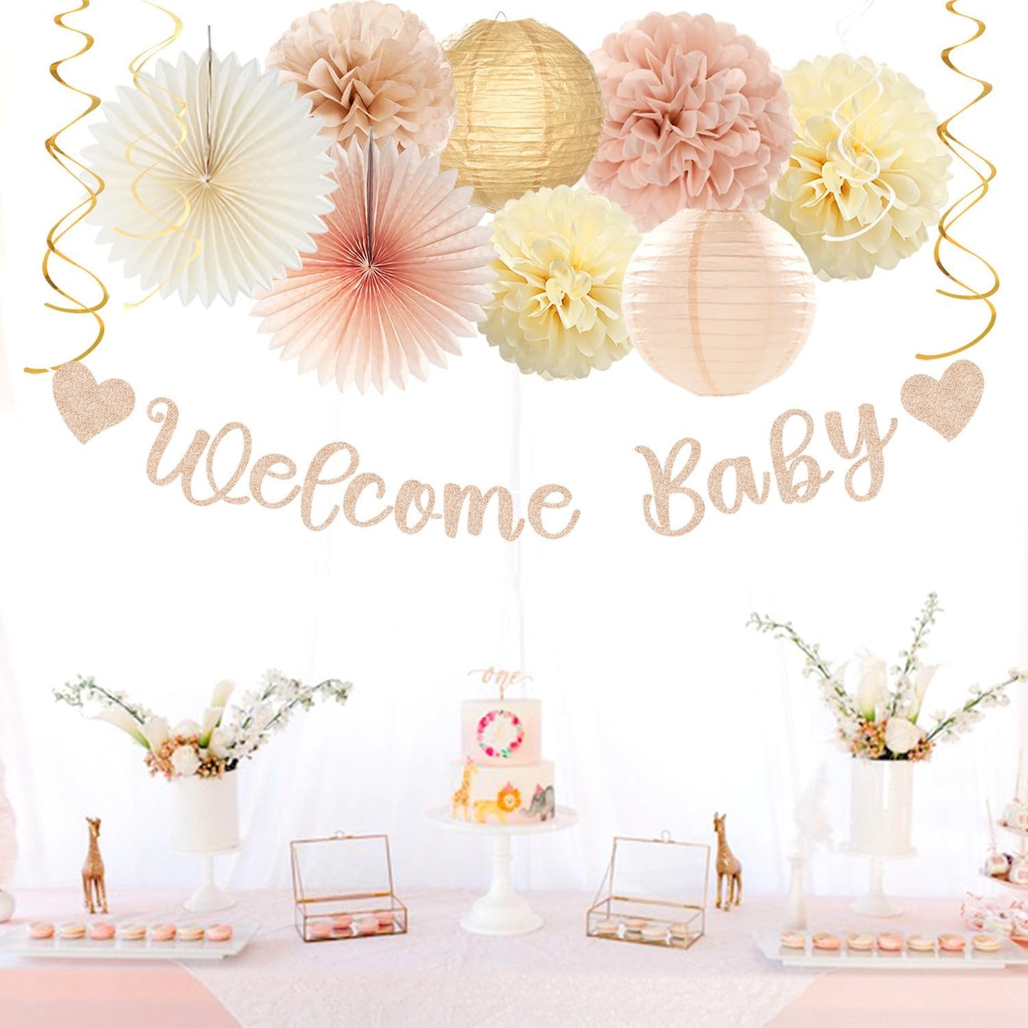 Champagne-Gold Beige Fall Baby-Shower Party-Decorations - 36pcs Welcome Home Banner Sign,Neutral Paper Lanterns,Girl Streamers Garland,Boho Hanging Tissue Pom Poms Flowers Fans Backdrop Decor Burgleda