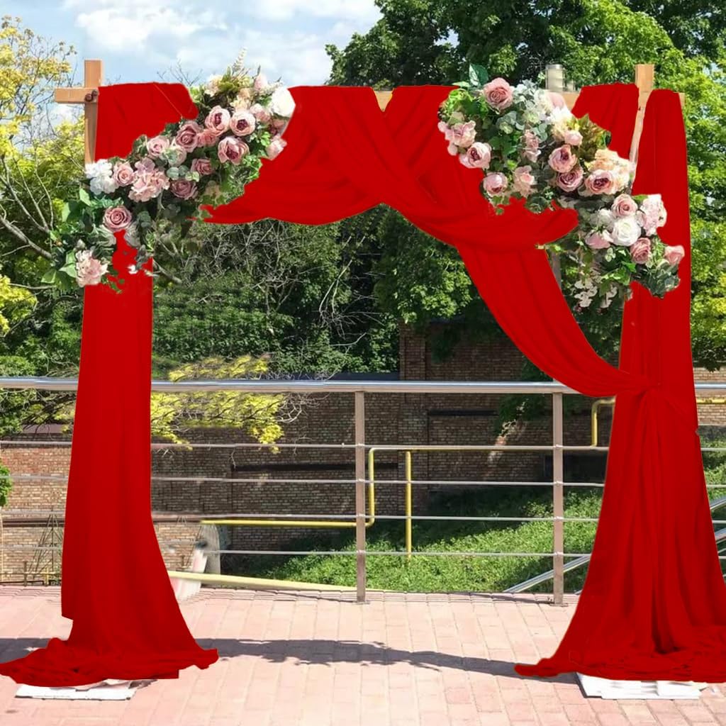 2 Panles Red Chiffon Ceiling Drapes 20Ft Wedding Arch Draping Fabric Red Sheer Chiffon Fabric Drapery Outdoor Arbor Party Ceremony Stage Wedding Decoration