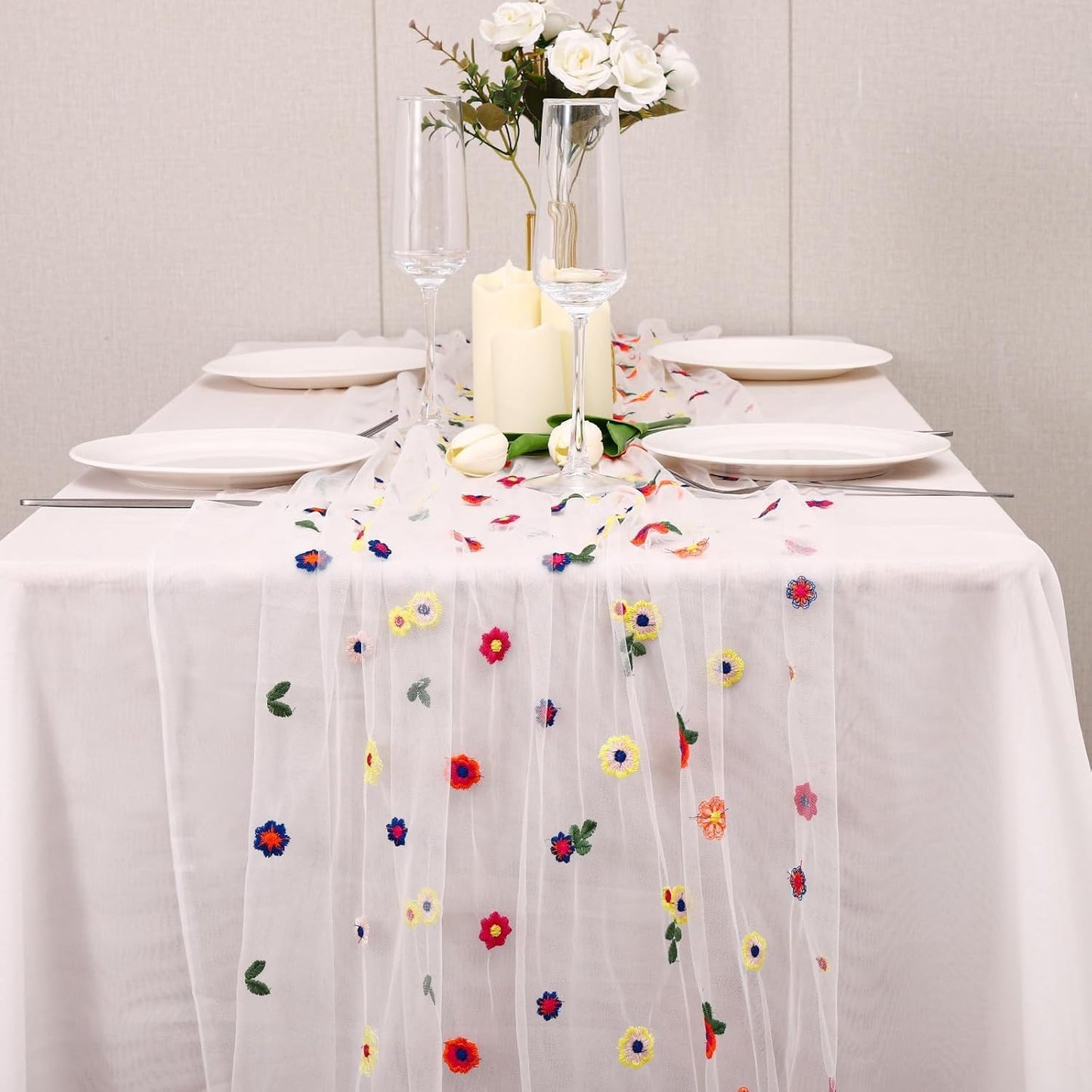 Lvory Floral Table Runner 10 FT, Embroidery Daisy Table Runners Seasonal Sheer Tulle Table Runner for Thanksgiving Wedding Birthday Baby Shower Party ﻿