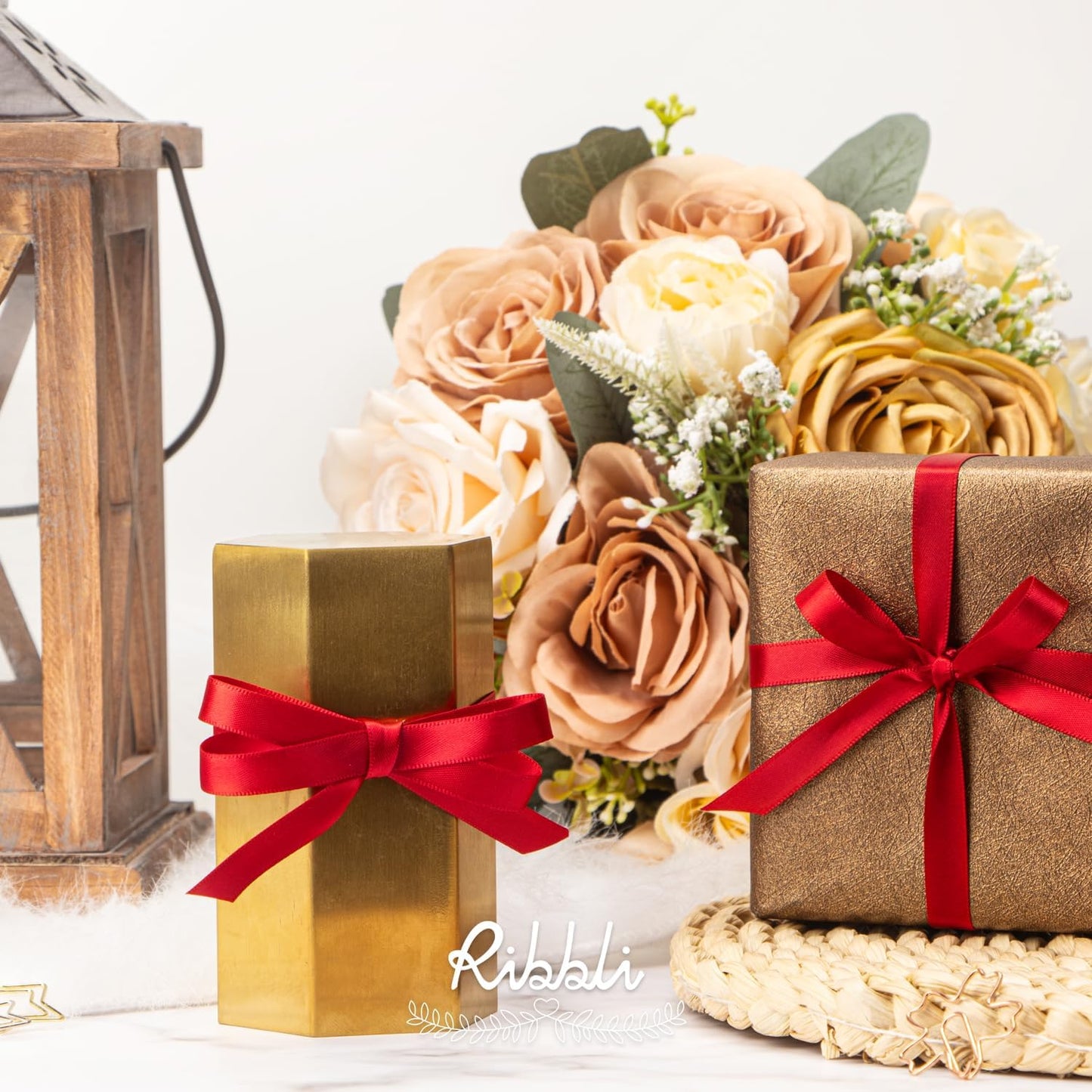 Ribbli Double Faced Red Satin Ribbon,3/8” x Continuous 25 Yards,Use for Bows Bouquet,Gift Wrapping,Floral Arrangement