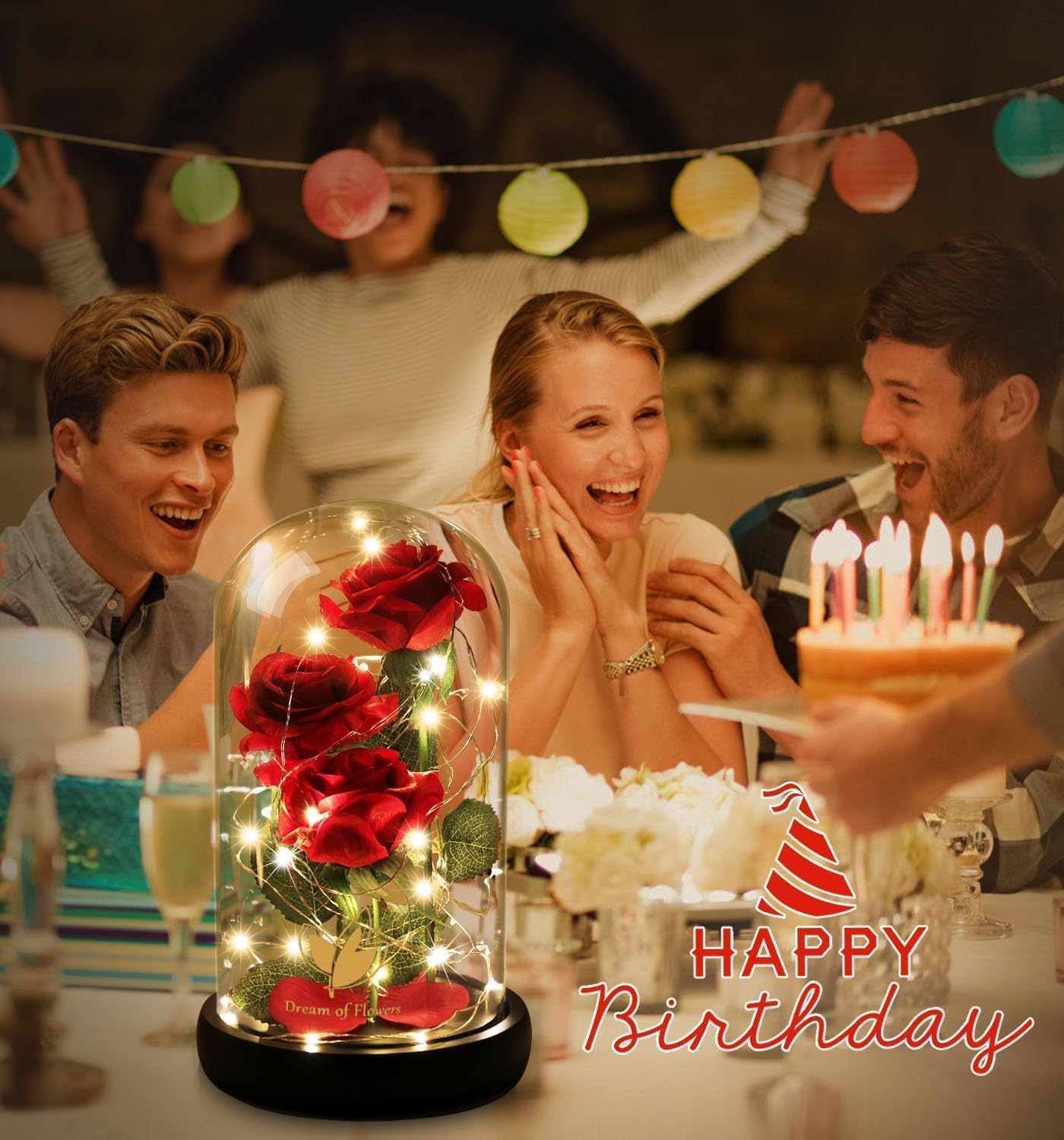 Beauty and The Beast Rose,Eternal Flower with 40 LED Lights Up in Glass Dome,Gifts for Mom,Birthday Gifts for Women,Wife,Girlfriend,Graduation,Anniversary,Christmas,Mothers Day-Classic Red Rose