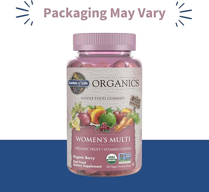 Garden of Life Organics Women's Gummy Vitamins - Berry - Certified Organic, Non-GMO, Vegan, Kosher Complete Multi - Methyl B12, C & D3 - Gluten, Soy & Dairy Free, 120 Real Fruit Gummies