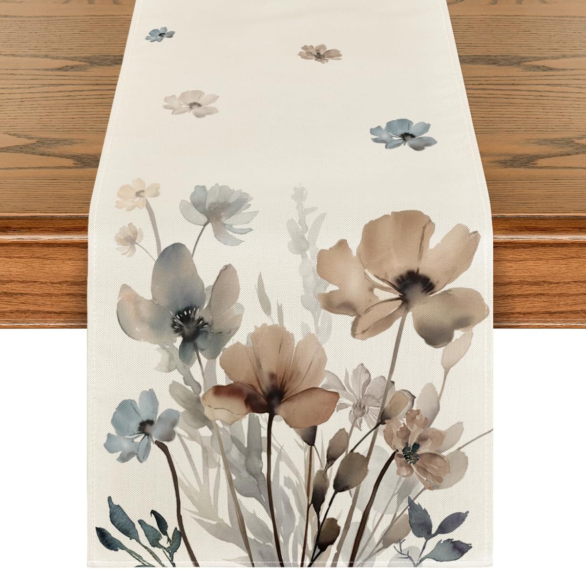 Artoid Mode Brown Poppy Floral Leaves Spring Table Runner, Seasonal Summer Kitchen Dining Table Decoration for Home Party Decor 13x72 Inch