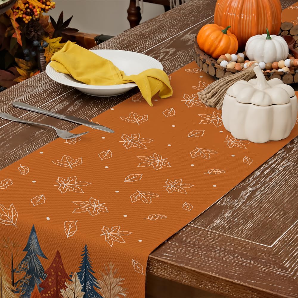 GEEORY Fall Watercolor Trees & Maple Leaves Table Runner 13x120 Inch, Rustic Farmhouse Autumn Thanksgiving Decor for Kitchen, Dining, Indoor/Outdoor Holiday Dinner Party Orange GT158-120