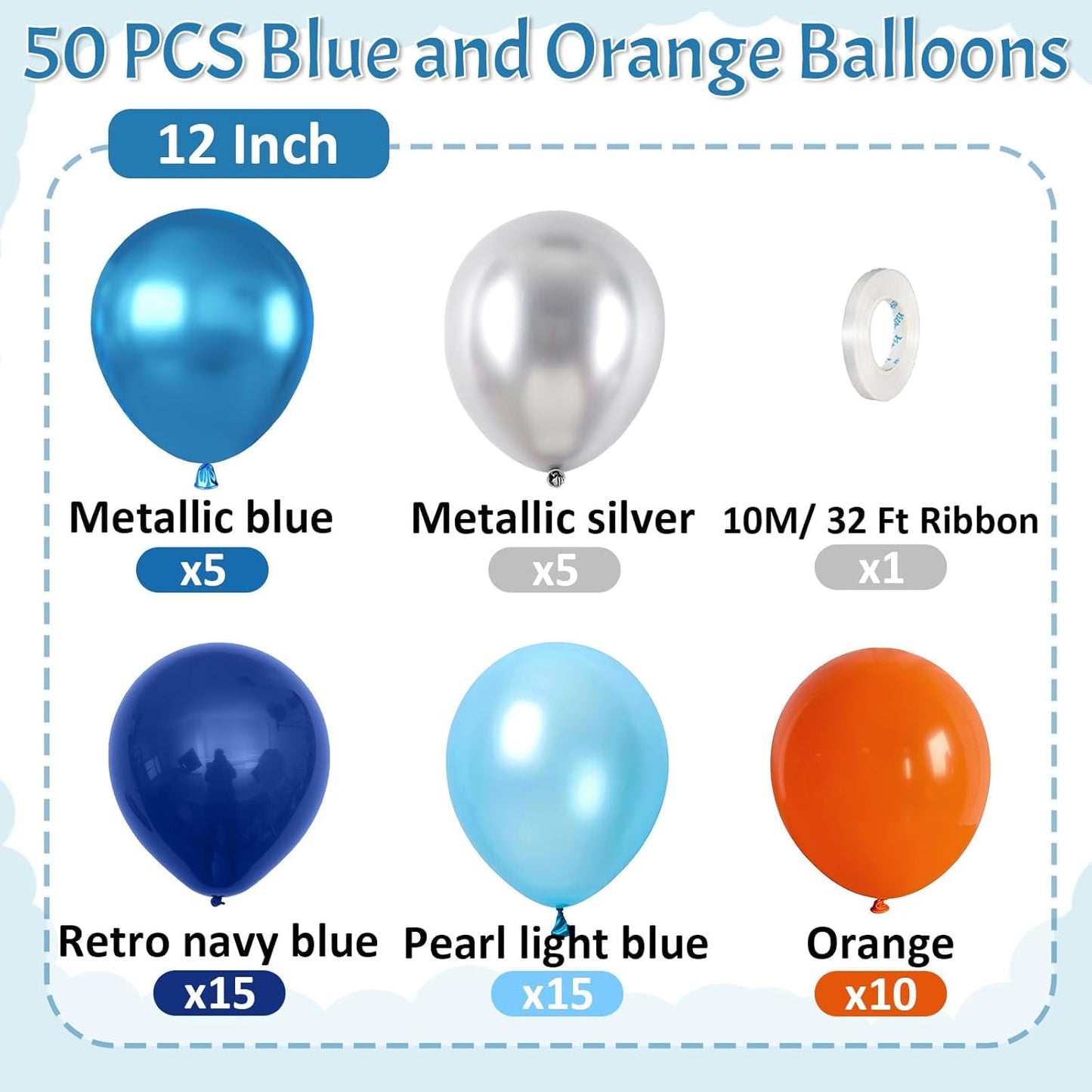 Paready Blue and Orange Balloons, 50 Pcs Astronaut Balloons with 12 Inch Navy Blue Metallic Blue Silver Latex Balloons Helium for Boys Men Outer Space Themed Birthday Baby Shower Party Decorations