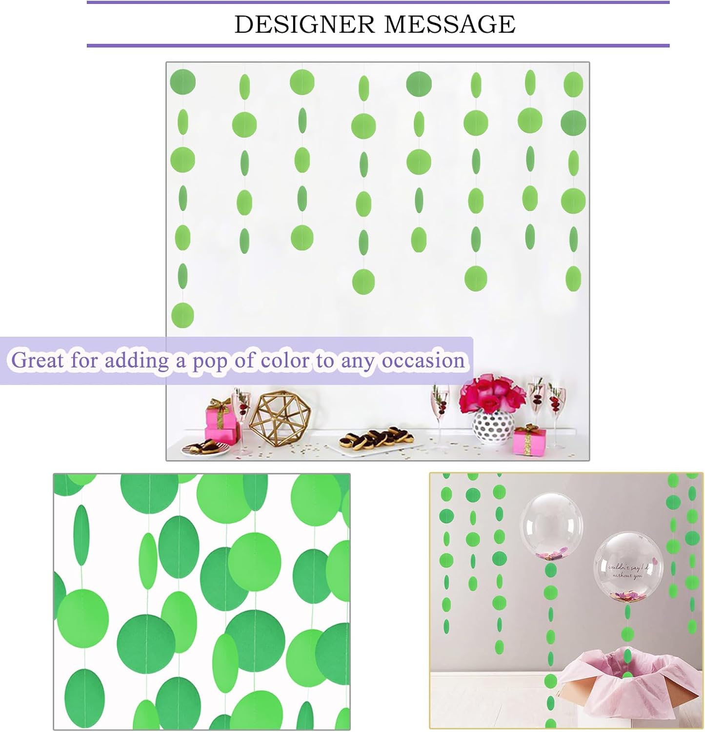 MerryNine Paper Garland 5 Pack, 50ft Glitter Paper Garland Circle Dots Hanging Decor, Banner for Baby Shower, Birthday, Nursery Party Decor (Green)