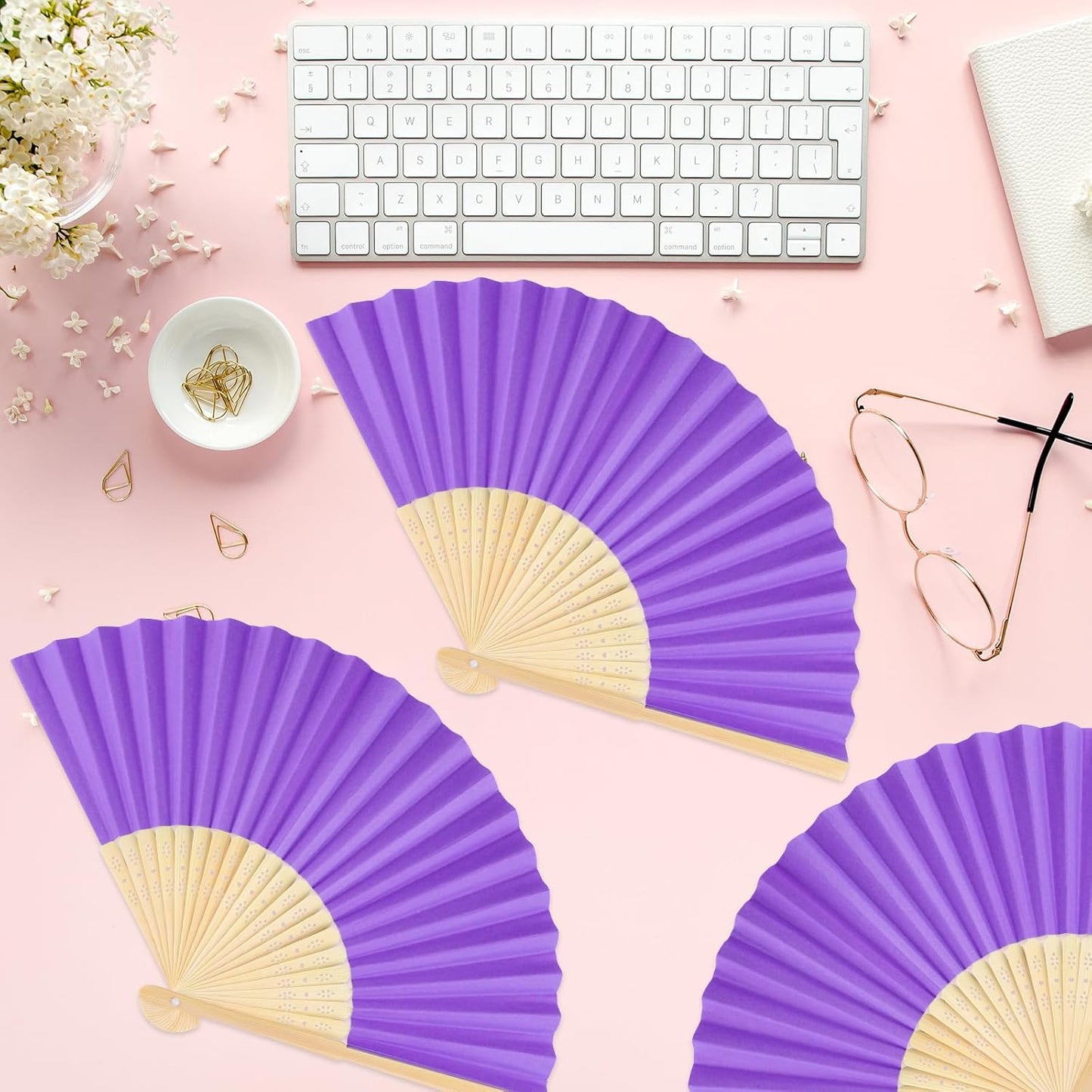 6 Pieces Purple Hand Held Bamboo Folding Fans Foldable Paper Fans Handheld for Women Girls Wedding DIY Decoration Church Home Party Favors Summer