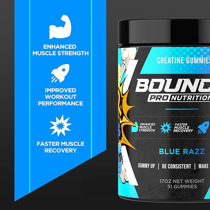 Bounce Pro Creatine Monohydrate Gummies for Men & Women, Low Calorie, 6G of Creatine per Serving, Vegan, Anti-Melting, Gluten-Free, Non-GMO, 2g of Creatine per Gummy (30ct, Blue Razz)
