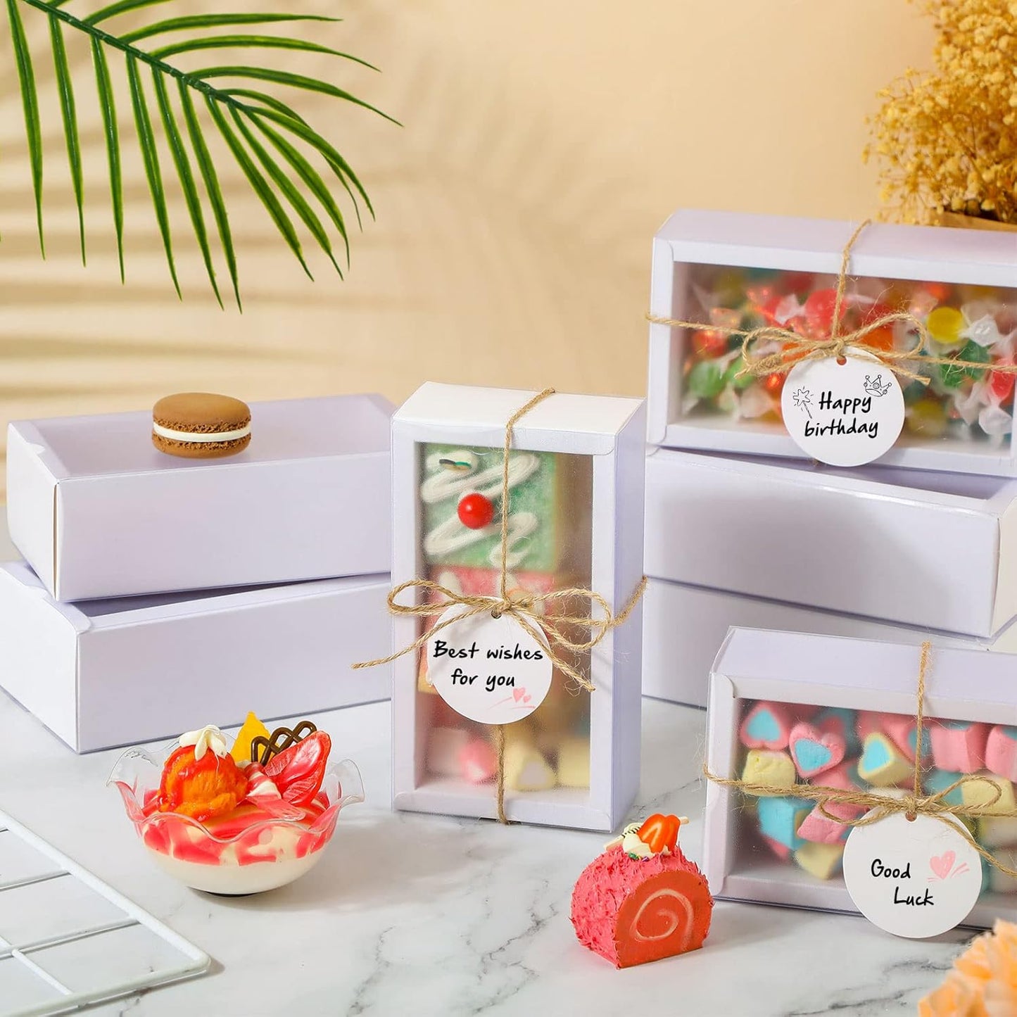 Roowest 50 Sets Kraft Soap Boxes Rectangle Packaging Box with Window Homemade Gift Box with Blank Tags and Jute String for Jewelry Candy Wrapping Party Favor(6.3 x 3.5 x 2 Inch,White)