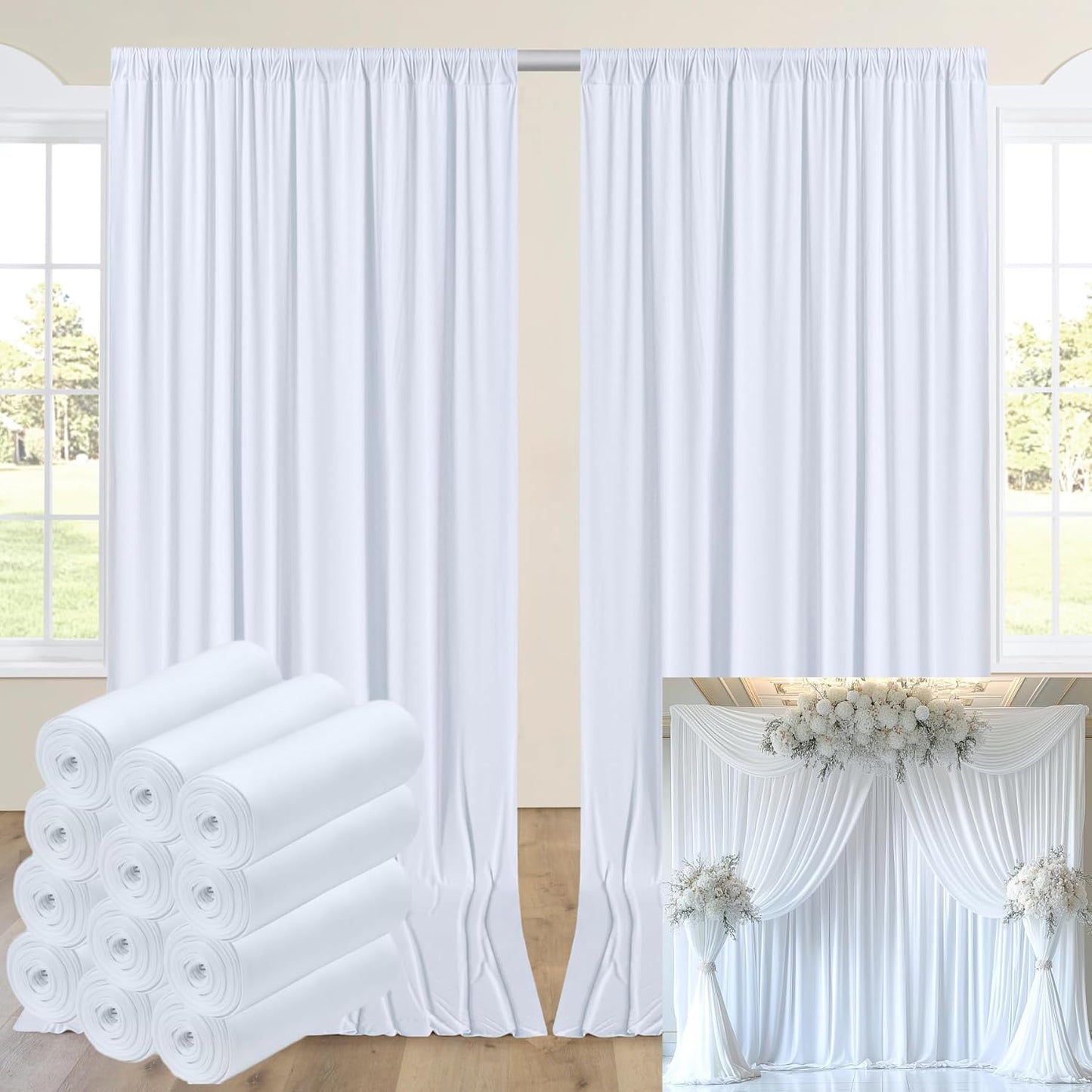 60ftx14FT Wrinkle Free White Backdrop Curtain, 12 Panels 14FT Height White Wedding Backdrop Drapes, Silky Polyester Back Drop Cloth for Birthday Photography Background Party Backdrop Draping