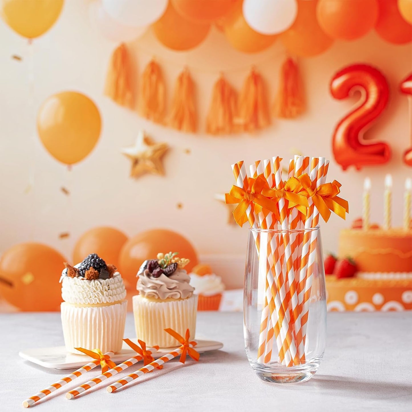 50 Pcs Fall Orange Paper Bow Straws for Drinking, Halloween Disposable Striped Paper Straws Bulk Autumn Theme Birthday Party Supplies for Wedding Cake Decorations Bachelorette Bridal Shower