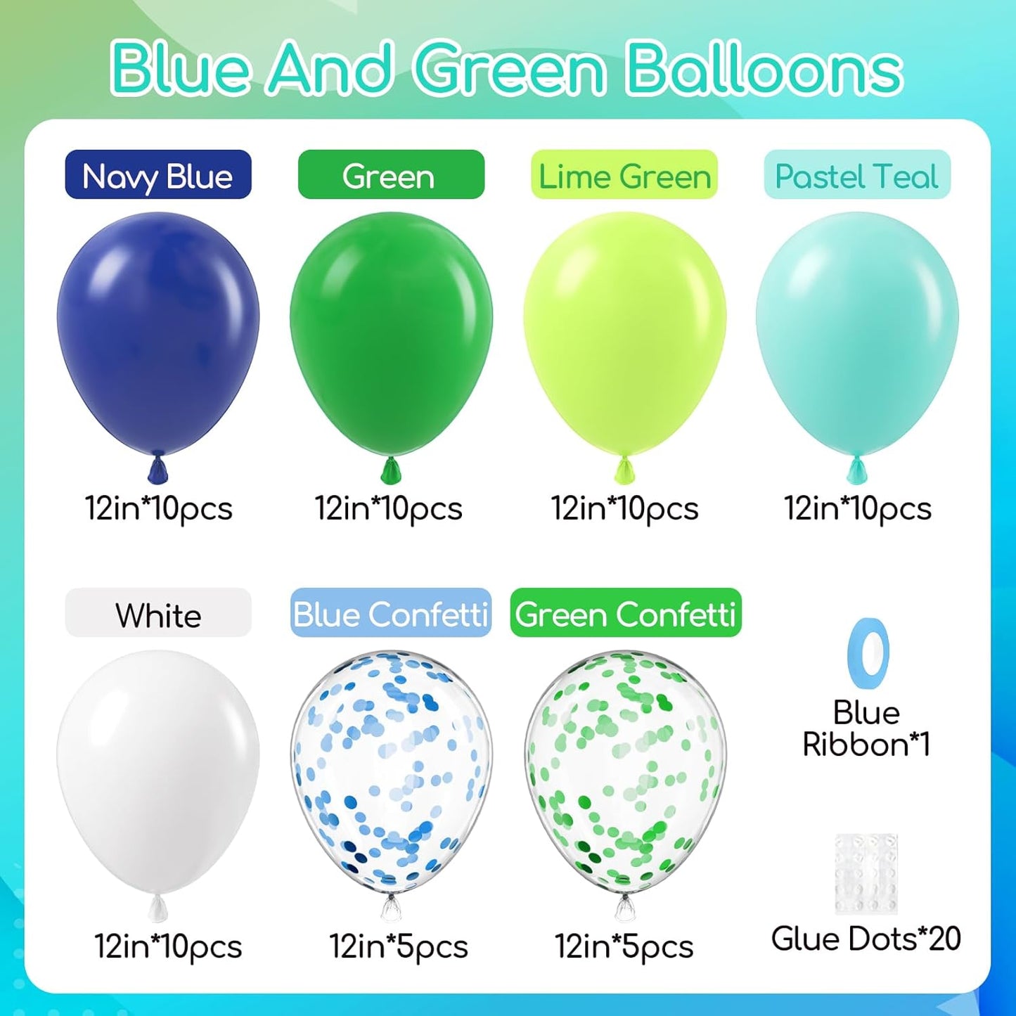 60pcs Blue and Green Balloons 12inch, Navy Blue Lime Green Teal White Confetti Balloons for Dinosaur Baby Shower Birthday Party Decorations