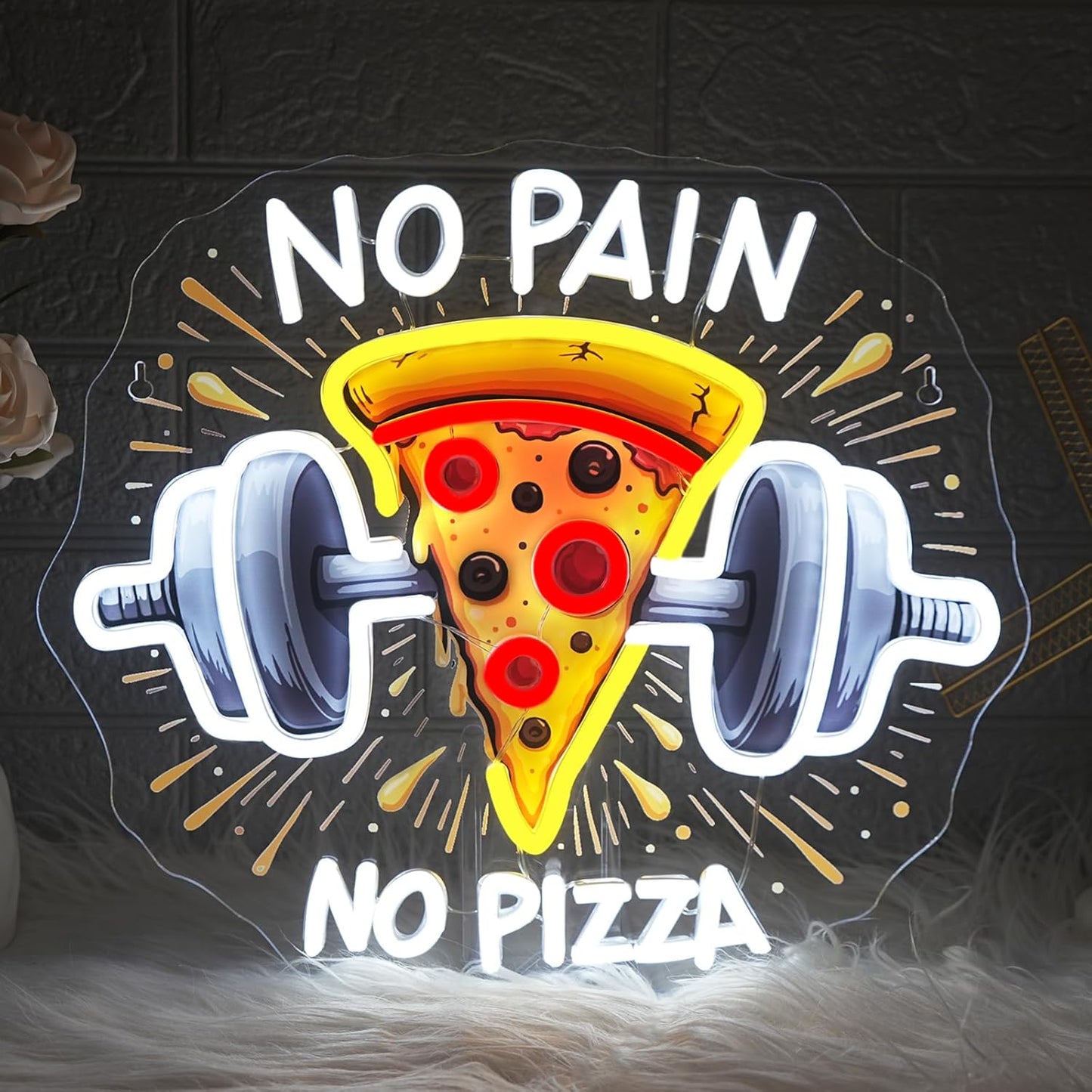 Lucunstar Gym Neon Sign No Pain No Pizza UV Printed Light Signs For Wall Decor Dimmable Dumbbell Barbell Led Lights Decoration Fitness Club Gift For Teens Sports Room USB Powered 14.57 x 12.6 inches