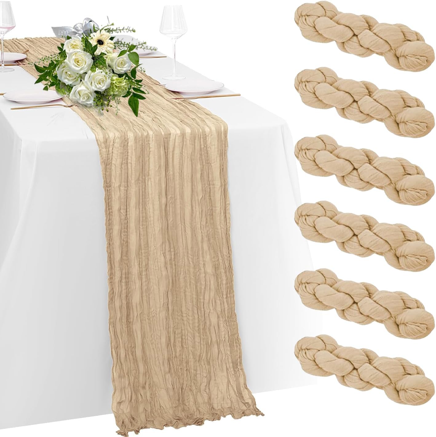 6 Pack Beige Cheesecloth Table Runner 23x120 inch Rustic Boho Gauze Table Runner 10 FT Long Sheer Cheese Cloth Fabric Table Runners for Romantic Wedding Bridal Shower Birthday Party Decor