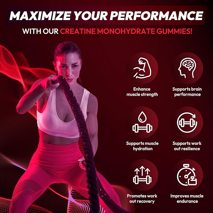 Creatine Gummies Monohydrate Complex 9000MG, Chewable Creatine Monohydrate Gummies for Men & Women with L-Taurine, BCAA 2:1, B12/6, Building Muscle Strength and Boost Focus, 30 Days Supply