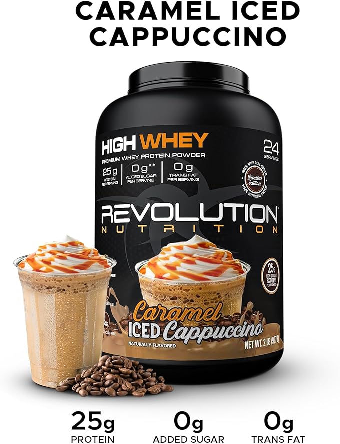 High Whey, Protein Powder 2LB, Whey Isolate, Gluten Free, Lean Muscle Mass for Men & Women, 25g of Protein Per Scoop, 908 g, 24 Servings (Caramel Iced Cappuccino, 2 Pound)